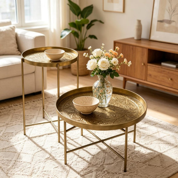 English Elm Side Table Set Two Piece Gold Metal Hammered Floral Accent for Living Room Decor T3971P604736