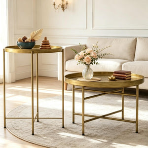 English Elm Side Table Set Two Piece Gold Metal Hammered Floral Accent for Living Room Decor T3971P604736