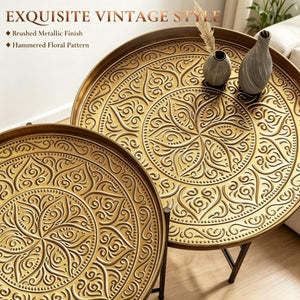 English Elm Side Table Set Two Piece Gold Metal Hammered Floral Accent for Living Room Decor T3971P604736