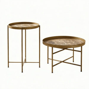 English Elm Side Table Set Two Piece Gold Metal Hammered Floral Accent for Living Room Decor T3971P604736