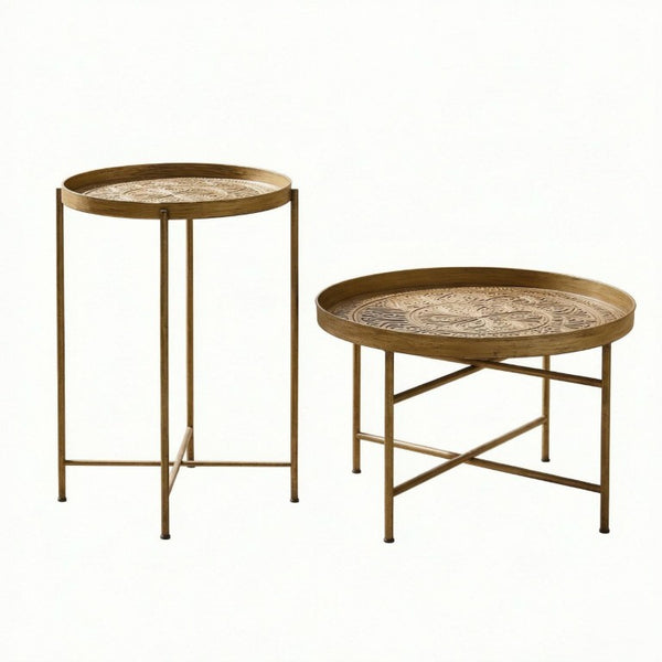 English Elm Side Table Set Two Piece Gold Metal Hammered Floral Accent for Living Room Decor T3971P604736