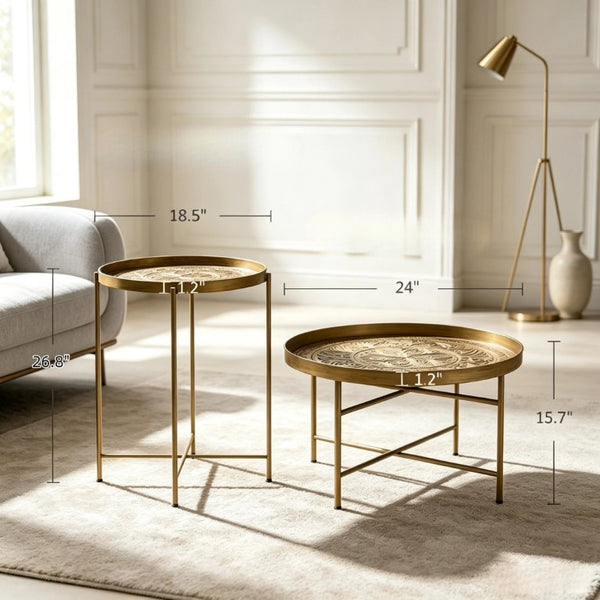 English Elm Side Table Set Two Piece Gold Metal Hammered Floral Accent for Living Room Decor T3971P604736