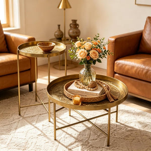 English Elm Side Table Set Two Piece Gold Metal Hammered Floral Accent for Living Room Decor T3971P604736