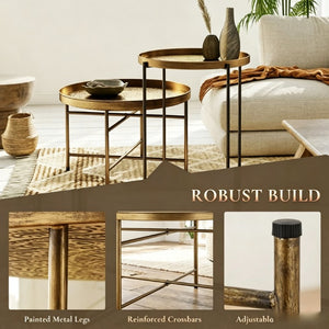 English Elm Side Table Set Two Piece Gold Metal Hammered Floral Accent for Living Room Decor T3971P604736