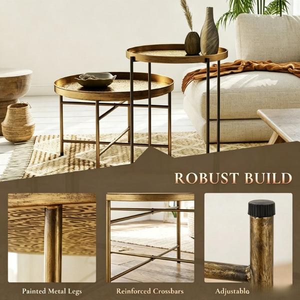 English Elm Side Table Set Two Piece Gold Metal Hammered Floral Accent for Living Room Decor T3971P604736