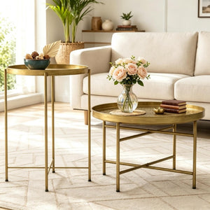 English Elm Side Table Set Two Piece Gold Metal Hammered Floral Accent for Living Room Decor T3971P604736