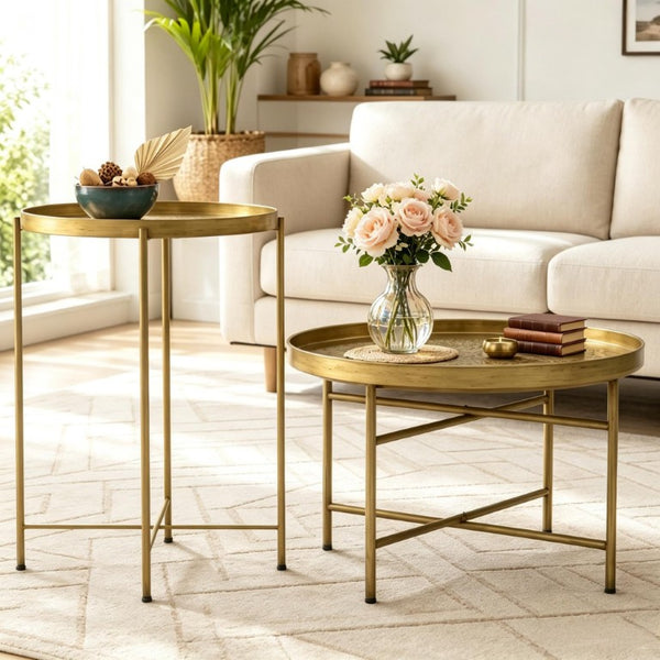 English Elm Side Table Set Two Piece Gold Metal Hammered Floral Accent for Living Room Decor T3971P604736