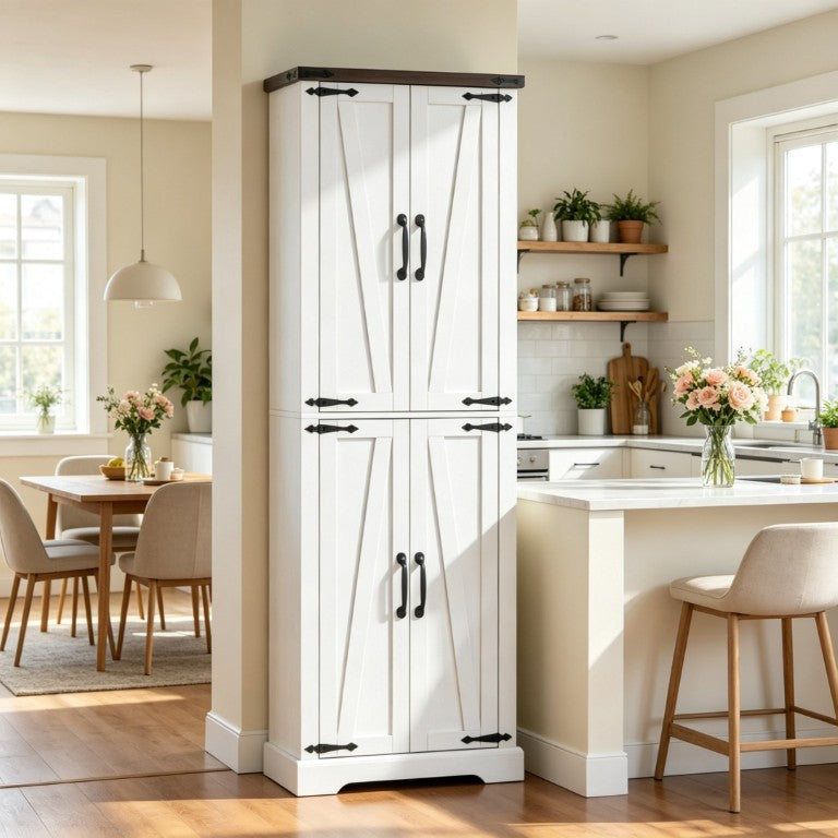 English Elm Tall Farmhouse Pantry Cabinet with Barn Doors Oak Top and Six Tier Enclosed Storage T3971P606454