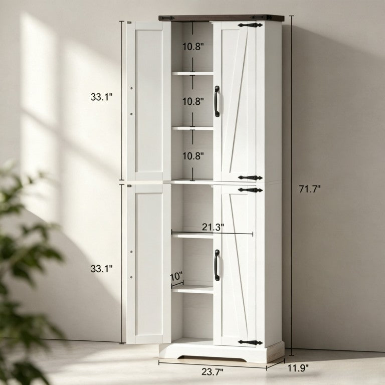 English Elm Tall Farmhouse Pantry Cabinet with Barn Doors Oak Top and Six Tier Enclosed Storage T3971P606454