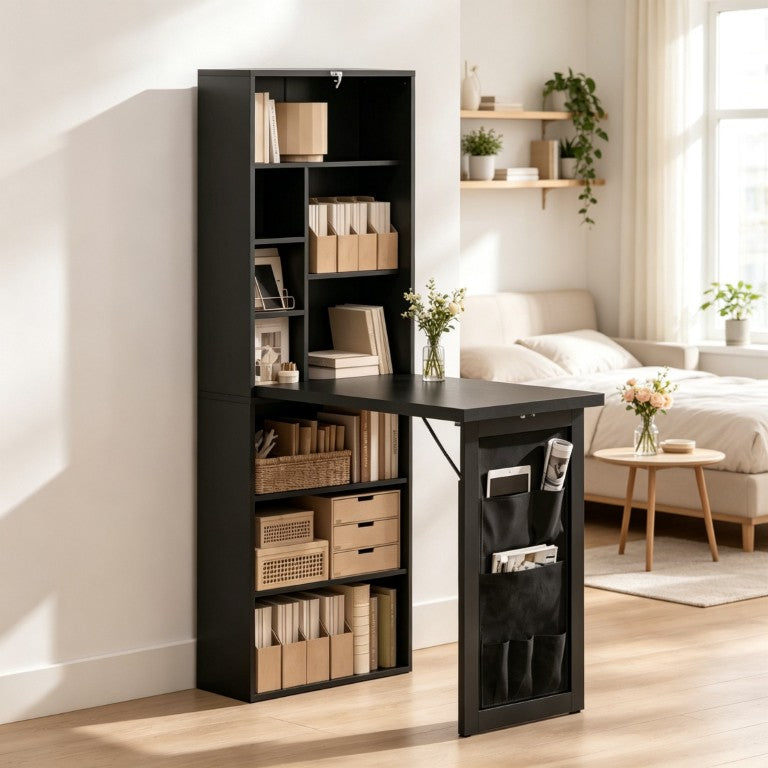 English Elm Multi-Functional Fold Out Wall Cabinet Desk with Nine Cubbies for Compact Home Offices T3971P606459