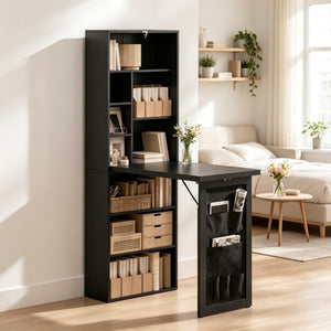 English Elm Multi-Functional Fold Out Wall Cabinet Desk with Nine Cubbies for Compact Home Offices T3971P606459