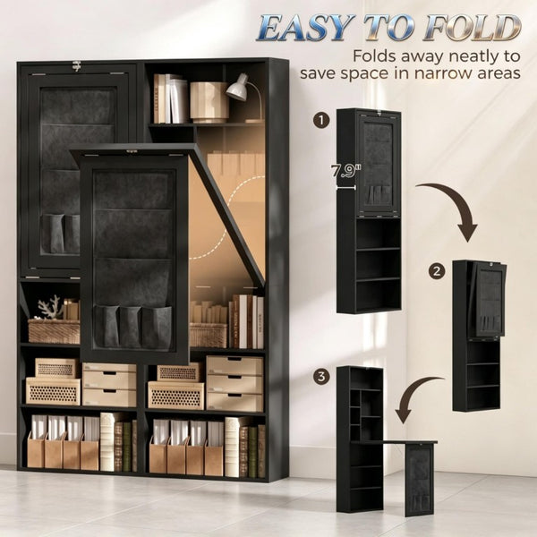 English Elm Multi-Functional Fold Out Wall Cabinet Desk with Nine Cubbies for Compact Home Offices T3971P606459