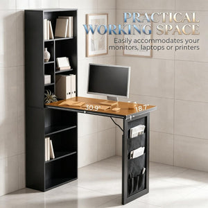English Elm Multi-Functional Fold Out Wall Cabinet Desk with Nine Cubbies for Compact Home Offices T3971P606459