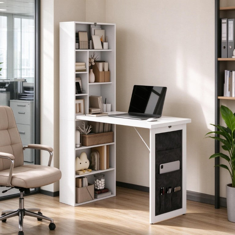 English Elm Concealed Folding Workstation with Nine Storage Cubbies for Small Apartments and Dorms T3971P606512