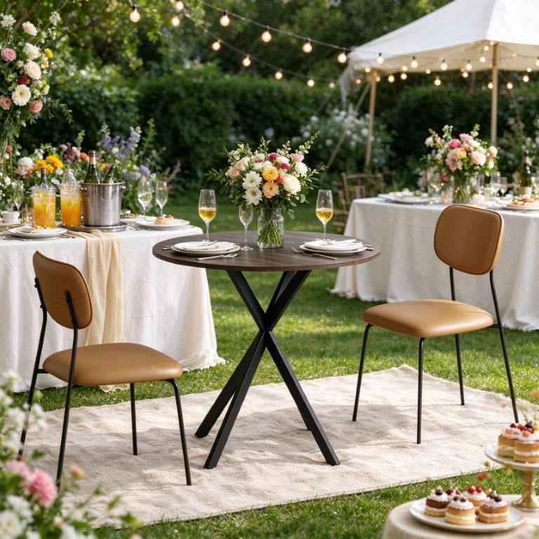 English Elm Space‑saving Round Dining Table with Distressed Wood Top and Matte Black Steel Legs for Two T3971P611824
