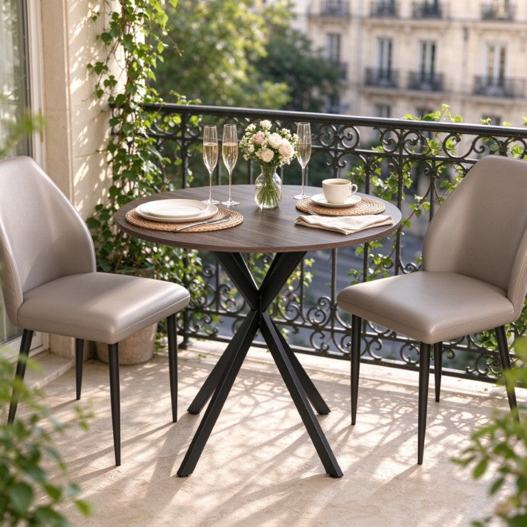 English Elm Space‑saving Round Dining Table with Distressed Wood Top and Matte Black Steel Legs for Two T3971P611824