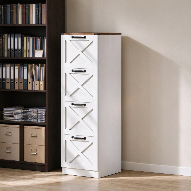 English Elm White Farmhouse Filing Cabinet with X Pattern Barn Fronts and Four Deep Drawers T3971P611833