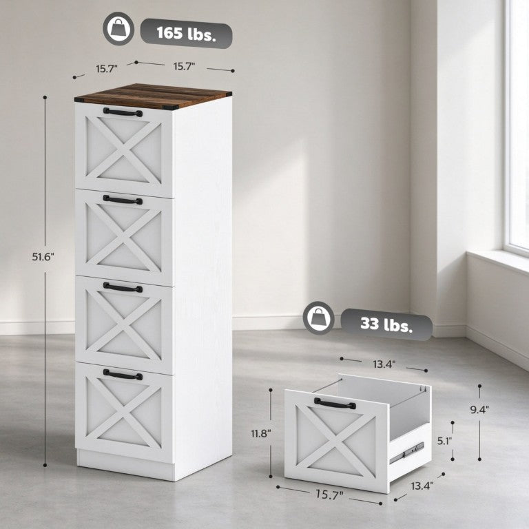 English Elm White Farmhouse Filing Cabinet with X Pattern Barn Fronts and Four Deep Drawers T3971P611833