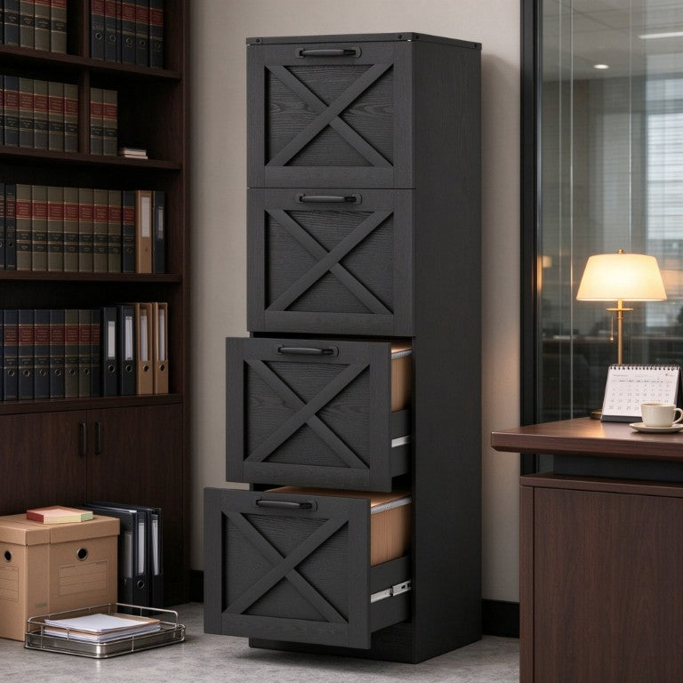 English Elm Vertical Farmhouse File Cabinet with X Pattern Barn Doors and Four Deep Letter Size Drawers T3971P611869