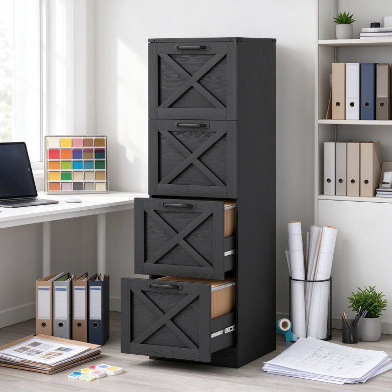 English Elm Vertical Farmhouse File Cabinet with X Pattern Barn Doors and Four Deep Letter Size Drawers T3971P611869