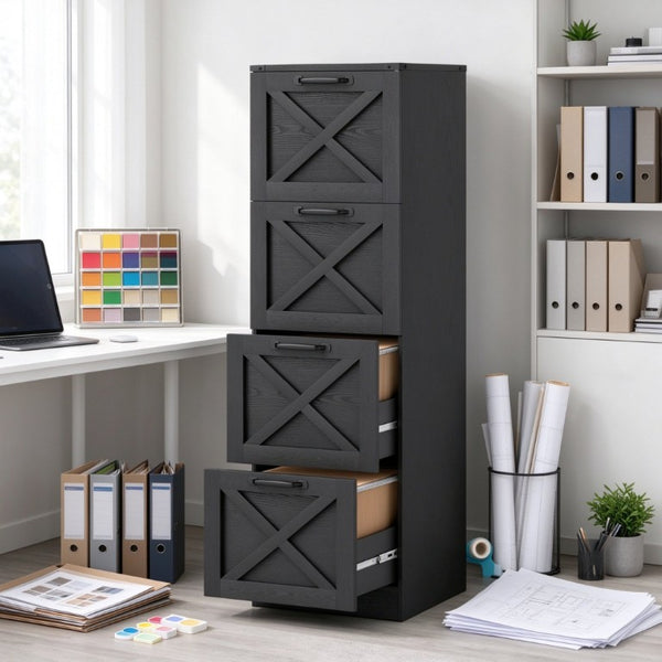 English Elm Vertical Farmhouse File Cabinet with X Pattern Barn Doors and Four Deep Letter Size Drawers T3971P611869