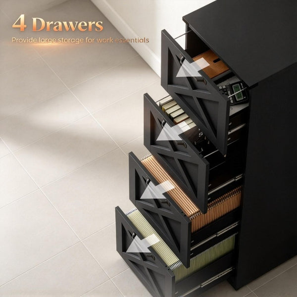 English Elm Vertical Farmhouse File Cabinet with X Pattern Barn Doors and Four Deep Letter Size Drawers T3971P611869