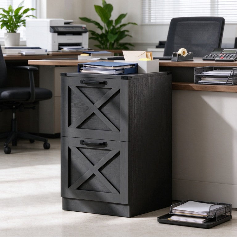 English Elm Farmhouse Printer Stand with Barn Door Drawers for Letter Files in Home Office Black T3971P611893