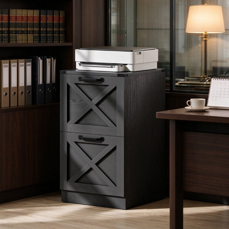 English Elm Farmhouse Printer Stand with Barn Door Drawers for Letter Files in Home Office Black T3971P611893