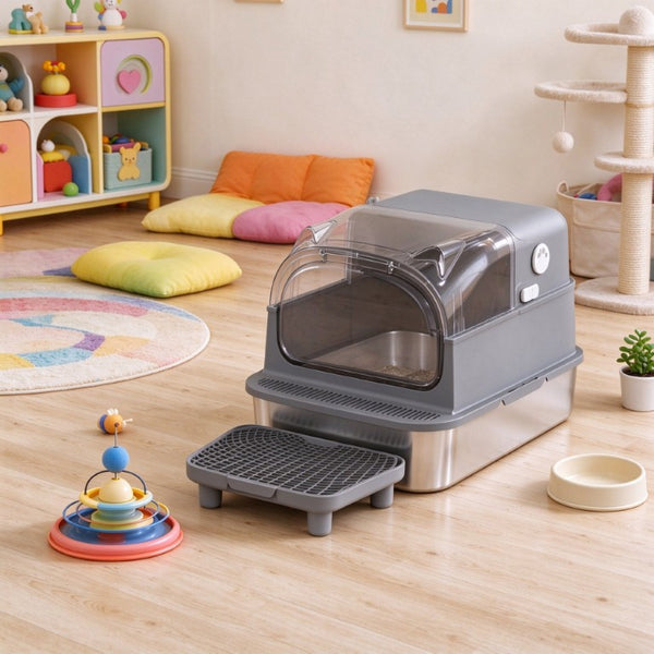 English Elm Xxl Stainless Steel Enclosed Cat Litter Box Flip Top Lid Odor Resistant Pan T3971P611941