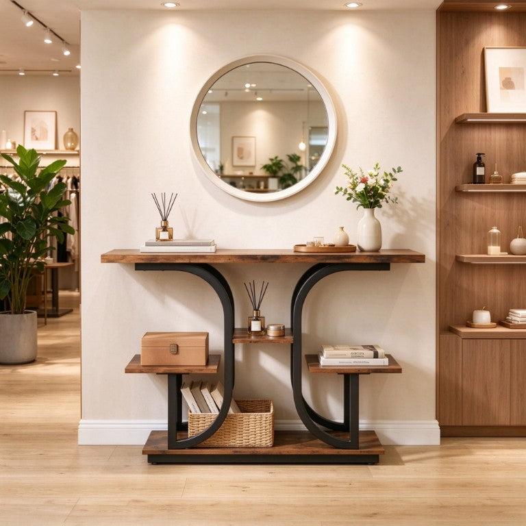 English Elm Modern Slim Entryway Console Table with Three Open Shelves and Steel Frame Base T3971P611994