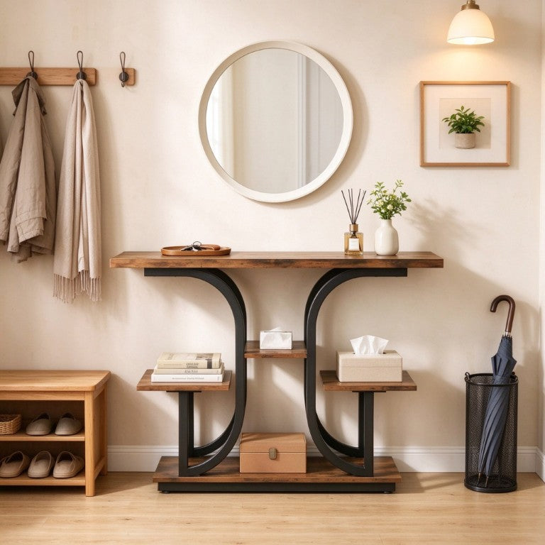 English Elm Modern Slim Entryway Console Table with Three Open Shelves and Steel Frame Base T3971P611994