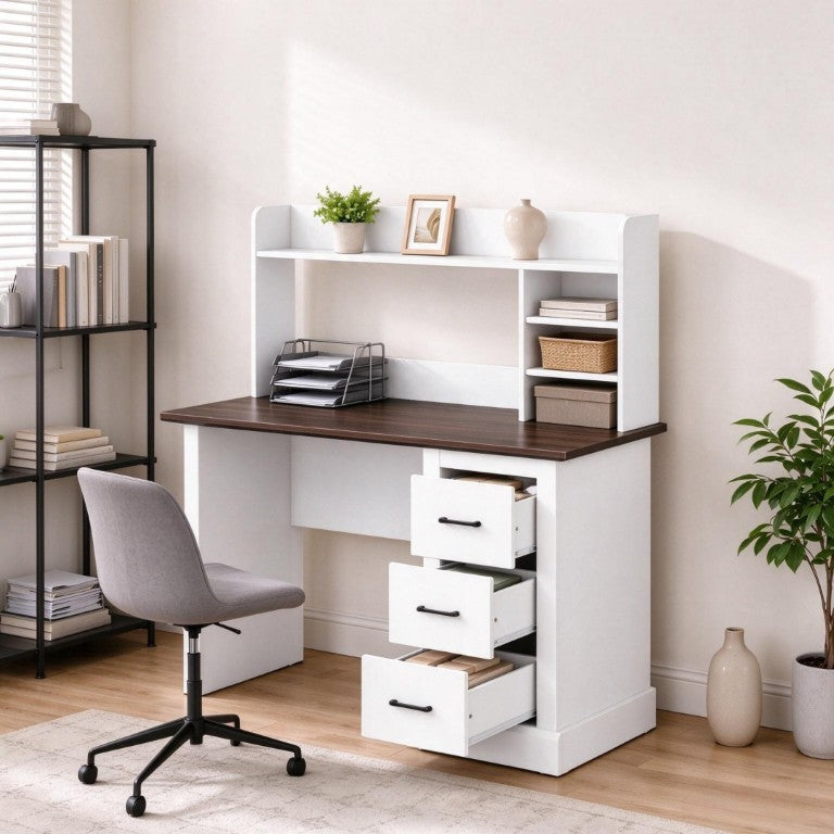 English Elm Home Office Farmhouse Writing Desk with Hutch Shelves Cubbies and Three Drawers T3971P612020