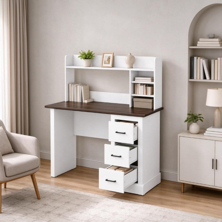 English Elm Home Office Farmhouse Writing Desk with Hutch Shelves Cubbies and Three Drawers T3971P612020