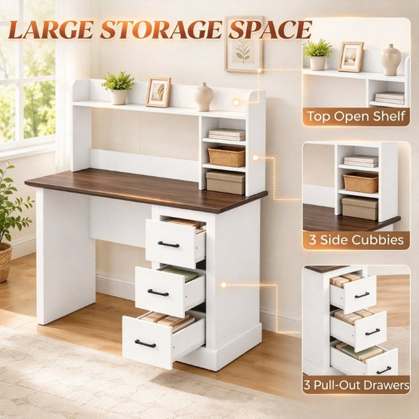 English Elm Home Office Farmhouse Writing Desk with Hutch Shelves Cubbies and Three Drawers T3971P612020