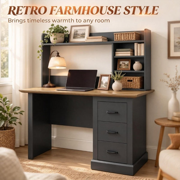 English Elm Home Office Hutch Desk Farmhouse Style with 3 Drawers and Cubbies for Study Nooks T3971P612025