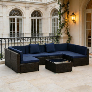 English Elm Outdoor Modular Wicker Sectional Set PE Rattan Patio Seating with Glass Coffee Table T3971S00125