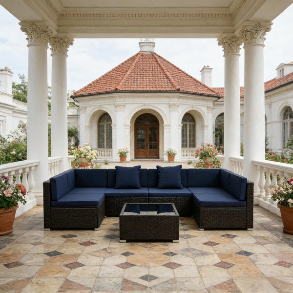 English Elm Outdoor Modular Wicker Sectional Set PE Rattan Patio Seating with Glass Coffee Table T3971S00125