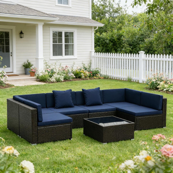 English Elm Outdoor Modular Wicker Sectional Set PE Rattan Patio Seating with Glass Coffee Table T3971S00125