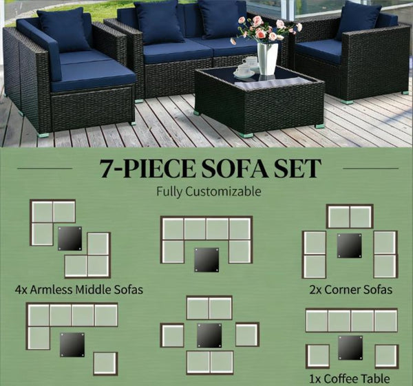 English Elm Outdoor Modular Wicker Sectional Set PE Rattan Patio Seating with Glass Coffee Table T3971S00125