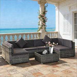 English Elm 7-Piece Outdoor Modular Rattan Sectional Set with Steel Frame and Glass Coffee Table T3971S00126