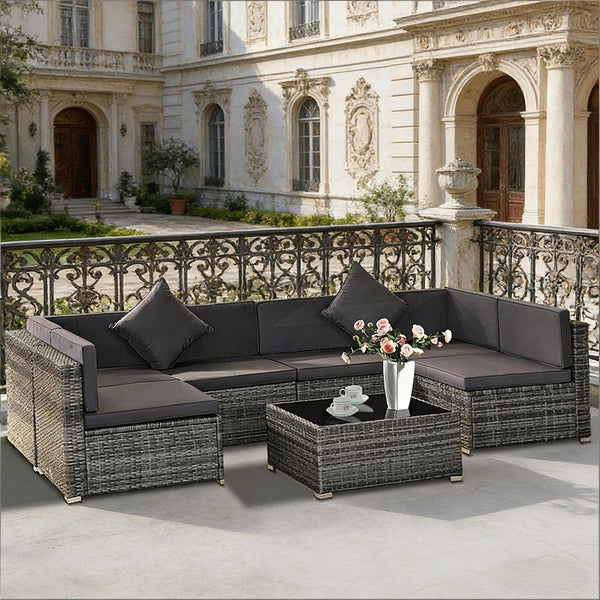 English Elm 7-Piece Outdoor Modular Rattan Sectional Set with Steel Frame and Glass Coffee Table T3971S00126