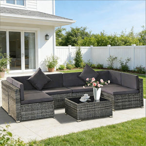 English Elm 7-Piece Outdoor Modular Rattan Sectional Set with Steel Frame and Glass Coffee Table T3971S00126