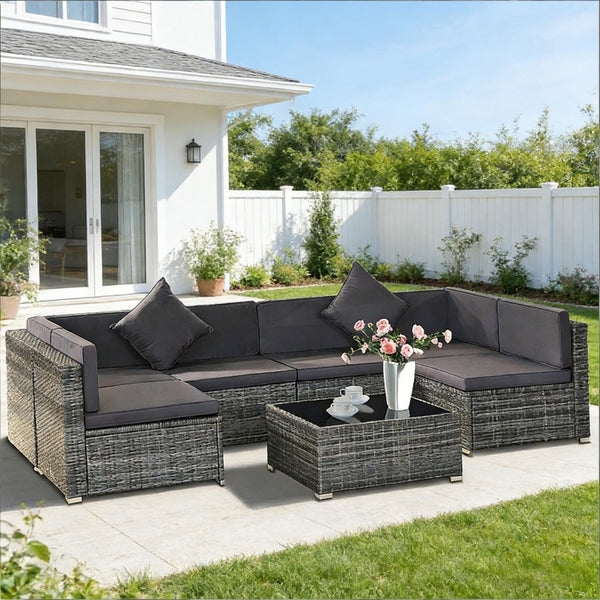 English Elm 7-Piece Outdoor Modular Rattan Sectional Set with Steel Frame and Glass Coffee Table T3971S00126
