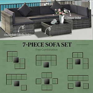English Elm 7-Piece Outdoor Modular Rattan Sectional Set with Steel Frame and Glass Coffee Table T3971S00126