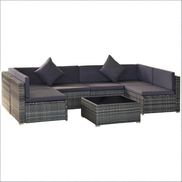 English Elm 7-Piece Outdoor Modular Rattan Sectional Set with Steel Frame and Glass Coffee Table T3971S00126