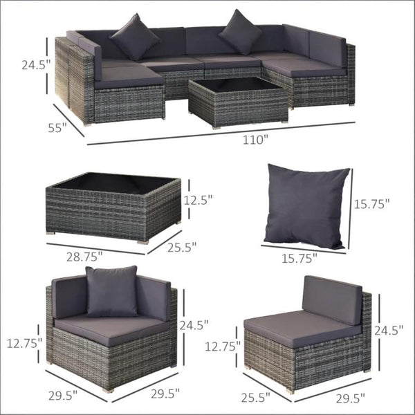 English Elm 7-Piece Outdoor Modular Rattan Sectional Set with Steel Frame and Glass Coffee Table T3971S00126