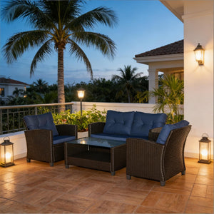English Elm Garden Pe Wicker Outdoor Conversation Set with Tufted Cushions and Tempered Glass Table T3971S00136