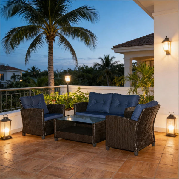 English Elm Garden Pe Wicker Outdoor Conversation Set with Tufted Cushions and Tempered Glass Table T3971S00136