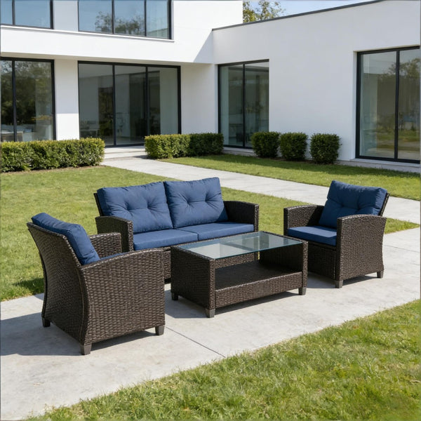 English Elm Garden Pe Wicker Outdoor Conversation Set with Tufted Cushions and Tempered Glass Table T3971S00136
