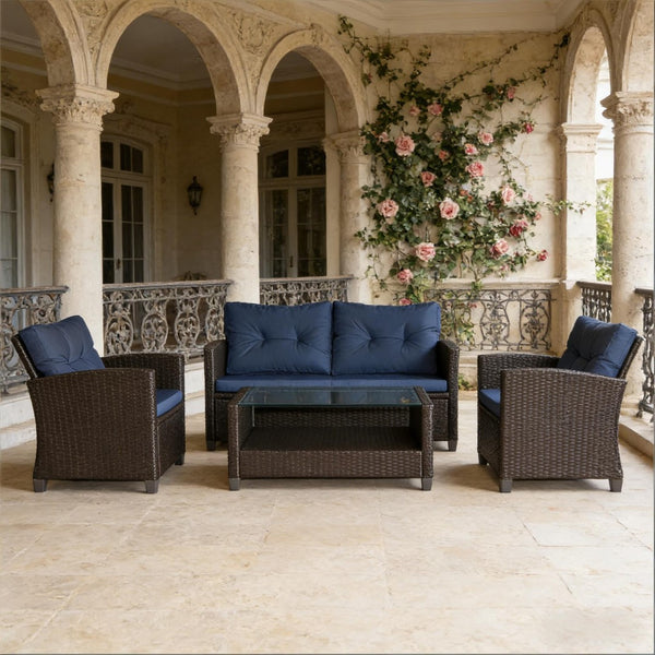 English Elm Garden Pe Wicker Outdoor Conversation Set with Tufted Cushions and Tempered Glass Table T3971S00136